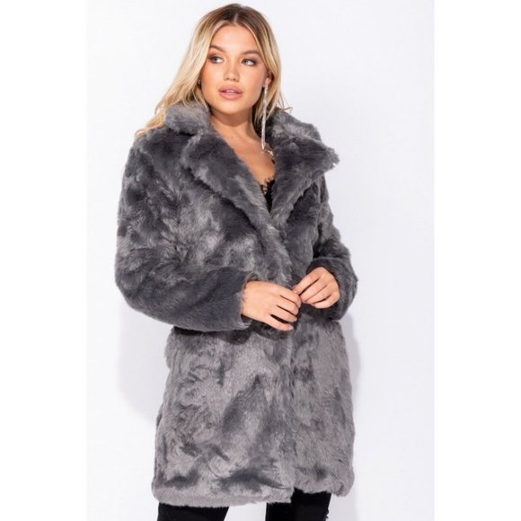 Gray Faux Fur Long Sleeve Collared Midi Coat - Picture 3 of 15